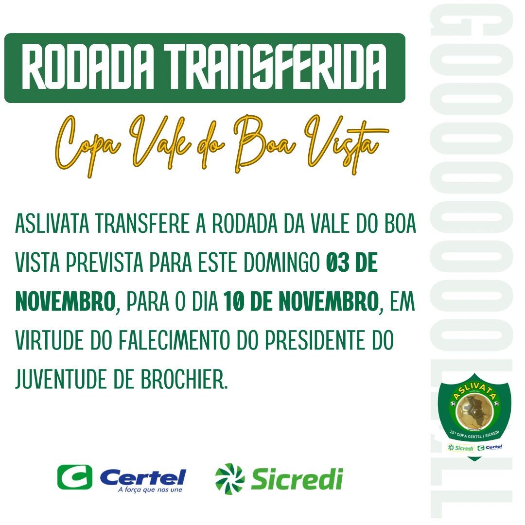 Rodada Copa Vale do Boa Vista Transferida.