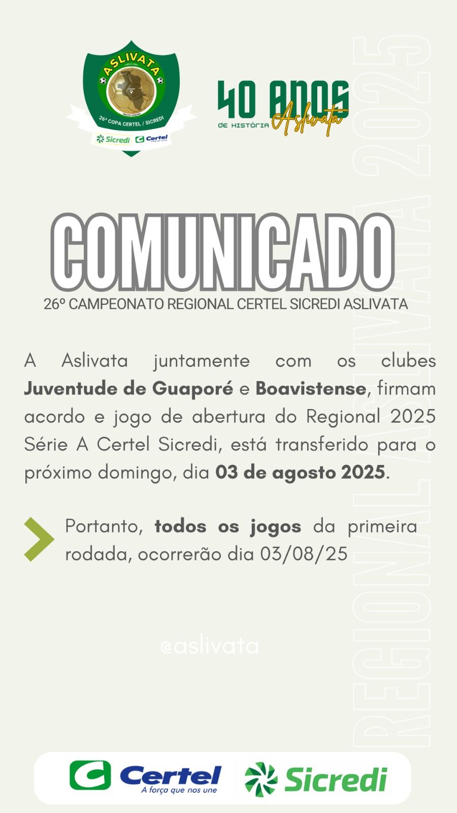 COMUNICADO - JOGO DE ABERTURA É ADIADO